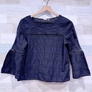 GAP Eyelet 3/4 Flare Sleeve Top Black Boxy Fit Embroidered Cotton Womens Small